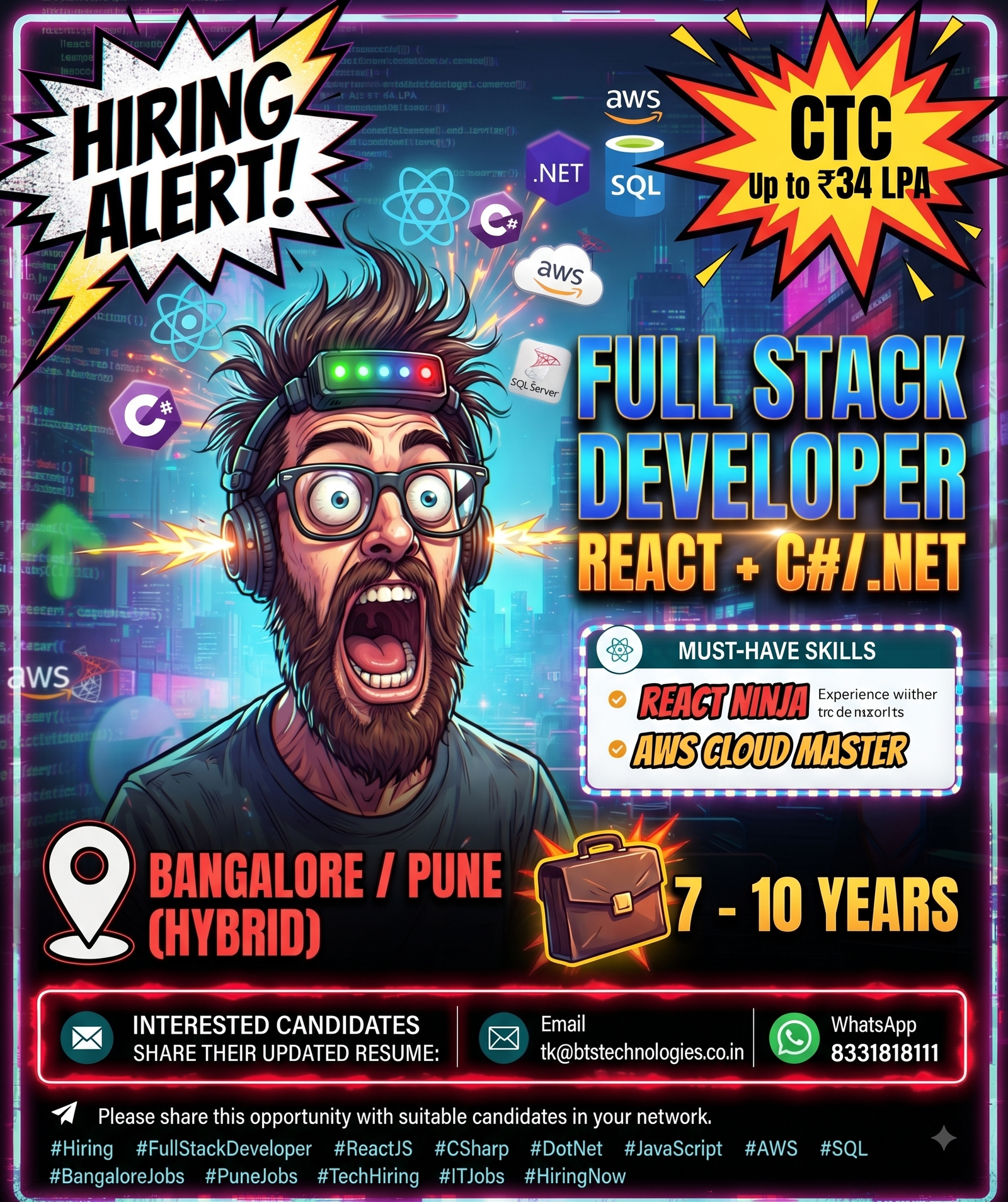 BTS Technologies Hiring 2026: Senior Full Stack Developer (React & .NET) | Up to ₹34 LPA | Bangalore & Pune
